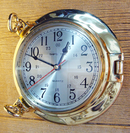 Nautical Brass Porthole Wall Clock (quartz, new): Skipjack